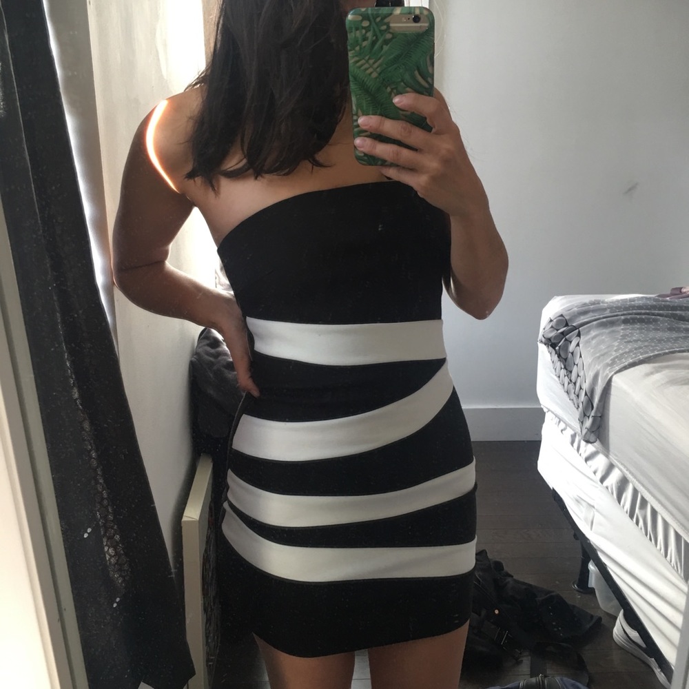 Black and White Strapless Bodycon Dress